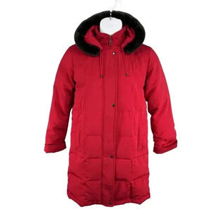 Centigrade Womens XS Down Red Jacket Removable Faux Fur Hood Long Quilted Coat